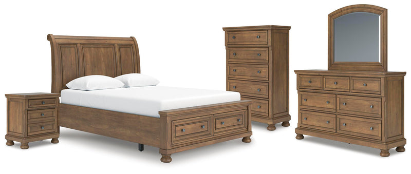 Feddinger Medium Brown Queen Sleigh Bed, Dresser, Mirror, Chest and Nightstand - PCB779B18