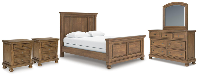 Feddinger Queen Panel Bed with Mirrored Dresser and 2 Nightstands in Medium Brown - PKG022301