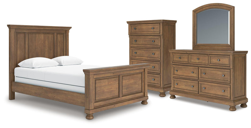 Feddinger Queen Panel Bed with Mirrored Dresser and Chest in Medium Brown - PKG022304