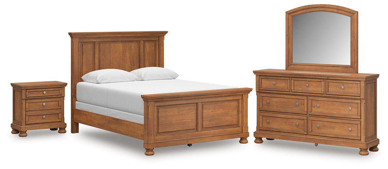 Feddinger Queen Panel Bed with Mirrored Dresser and Nightstand in Medium Brown - PKG022303