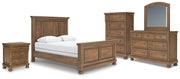 Feddinger Queen Panel Bed with Mirrored Dresser, Chest and Nightstand in Medium Brown - PKG022305