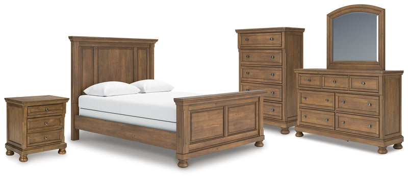 Feddinger Queen Panel Bed with Mirrored Dresser, Chest and Nightstand in Medium Brown - PKG022305