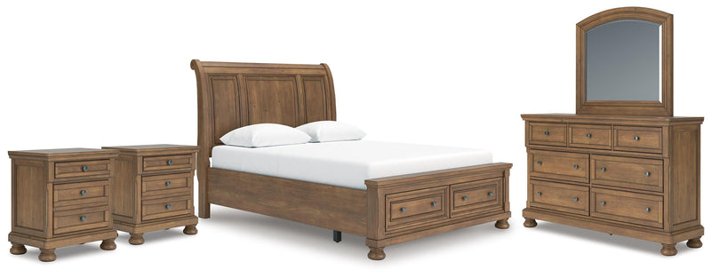Feddinger Queen Storage Sleigh Bed with Mirrored Dresser and 2 Nightstands in Medium Brown - PKG022309
