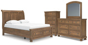Feddinger Queen Storage Sleigh Bed with Mirrored Dresser and Chest in Medium Brown - PKG022312