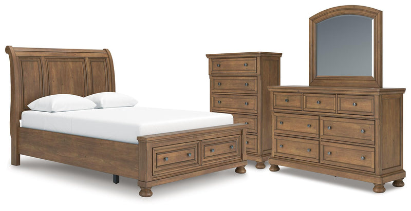 Feddinger Queen Storage Sleigh Bed with Mirrored Dresser and Chest in Medium Brown - PKG022312
