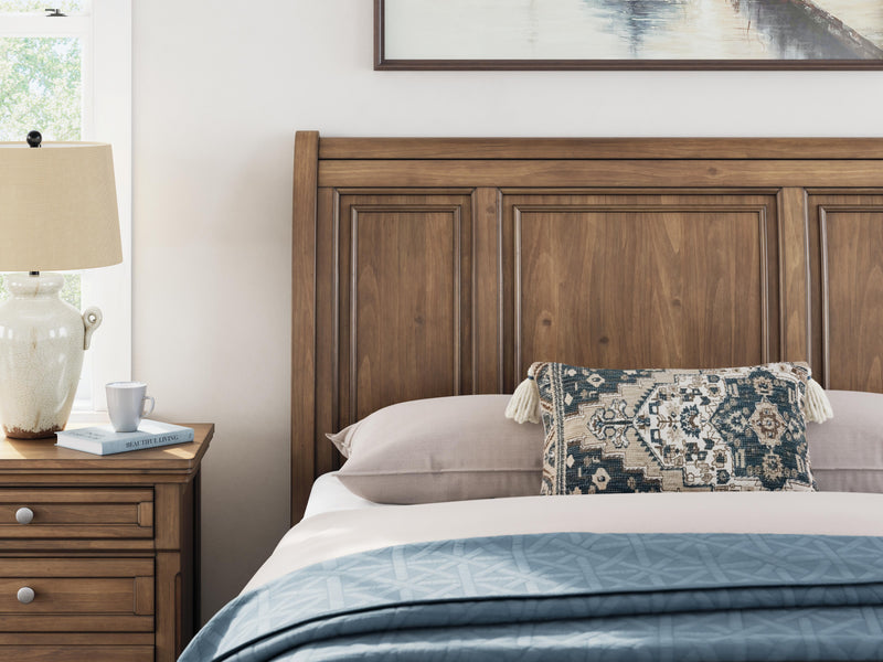Feddinger Queen Storage Sleigh Bed with Mirrored Dresser and Chest in Medium Brown - PKG022312
