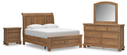 Feddinger Queen Storage Sleigh Bed with Mirrored Dresser and Nightstand in Medium Brown - PKG022311