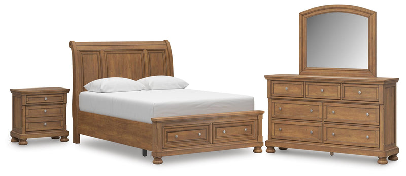 Feddinger Queen Storage Sleigh Bed with Mirrored Dresser and Nightstand in Medium Brown - PKG022311