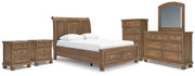 Feddinger Queen Storage Sleigh Bed with Mirrored Dresser, Chest and 2 Nightstands in Medium Brown - PKG022310