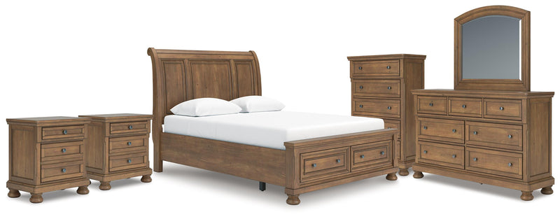 Feddinger Queen Storage Sleigh Bed with Mirrored Dresser, Chest and 2 Nightstands in Medium Brown - PKG022310