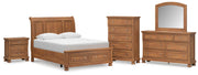 Feddinger Queen Storage Sleigh Bed with Mirrored Dresser, Chest and Nightstand in Medium Brown - PKG022313