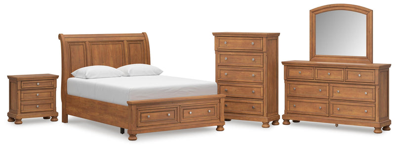 Feddinger Queen Storage Sleigh Bed with Mirrored Dresser, Chest and Nightstand in Medium Brown - PKG022313