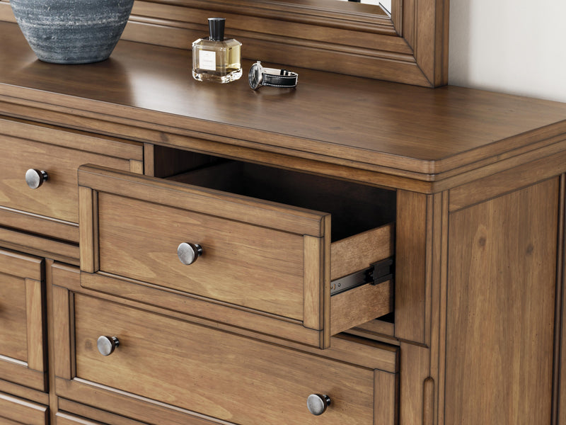 Feddinger Queen Storage Sleigh Bed with Mirrored Dresser, Chest and Nightstand in Medium Brown - PKG022313
