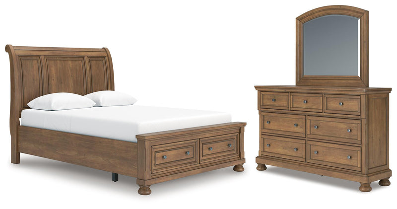 Feddinger Queen Storage Sleigh Bed with Mirrored Dresser in Medium Brown - PKG022308