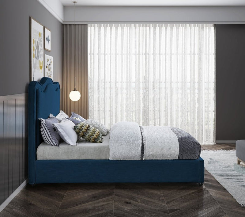 Felix Linen Textured Fabric Queen Bed Blue - Gate FurnitureQueen Bed