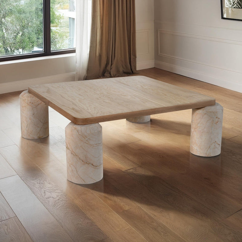 Ferrara Marble Base And Oak Wood Top Coffee Table in Beige - 99009Beige-CT