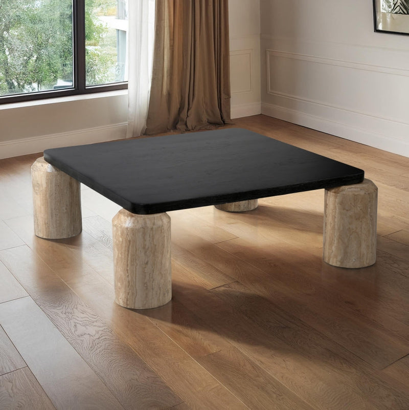 Ferrara Travertine Base And Oak Wood Top Coffee Table in Natural - 99009Travertine-CT