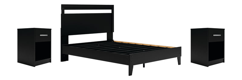 Finch Queen Panel Platform Bed and 2 Nightstands in Black/Brown - PKG012234