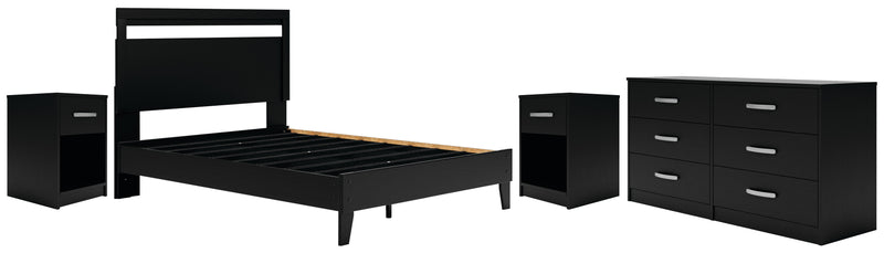 Finch Queen Panel Platform Bed, Dresser and 2 Nightstands in Black/Brown - PKG011292
