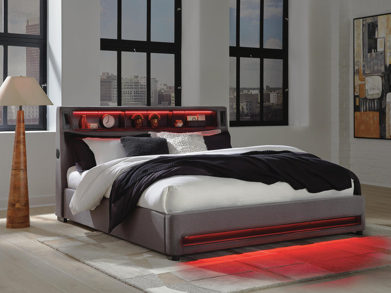 Finigale Gray California King Upholstered Bed with Wireless Audio - PCB2721B22