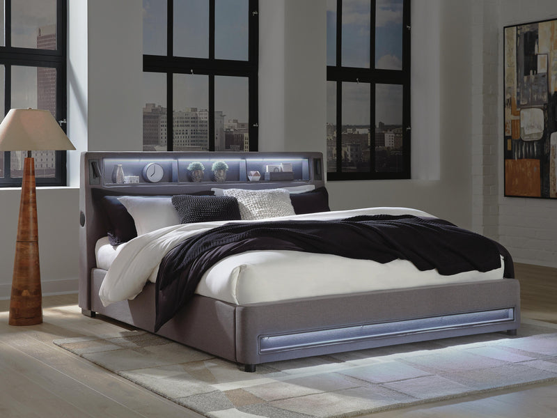 Finigale Gray California King Upholstered Bed with Wireless Audio - PCB2721B22