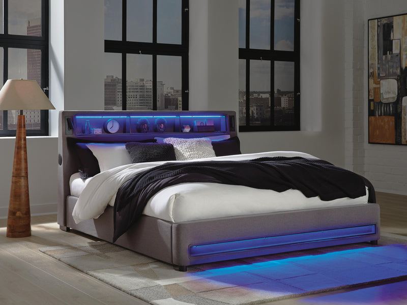Finigale Gray California King Upholstered Bed with Wireless Audio - PCB2721B22