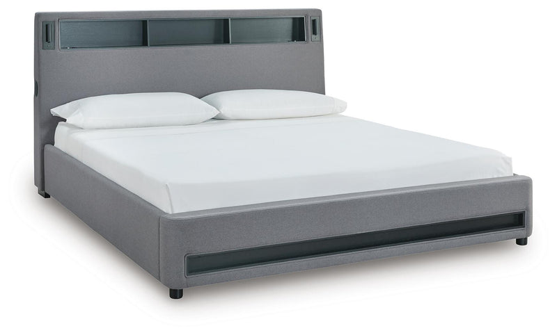 Finigale Gray California King Upholstered Bed with Wireless Audio - PCB2721B22