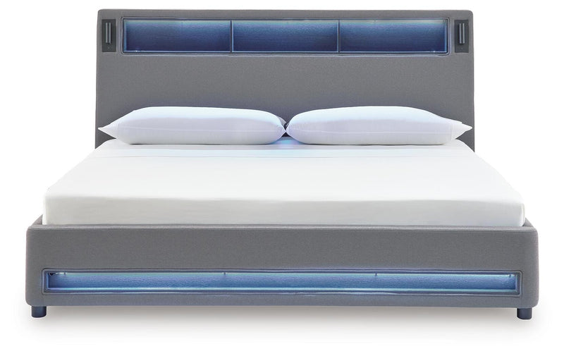 Finigale Gray California King Upholstered Bed with Wireless Audio - PCB2721B22