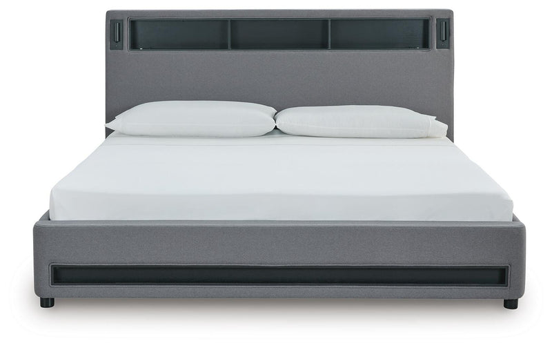 Finigale Gray California King Upholstered Bed with Wireless Audio - PCB2721B22