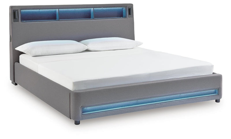 Finigale Gray King Upholstered Bed with Wireless Audio - PCB2721B21
