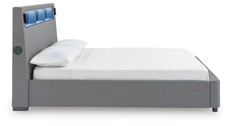 Finigale Gray King Upholstered Bed with Wireless Audio - PCB2721B21