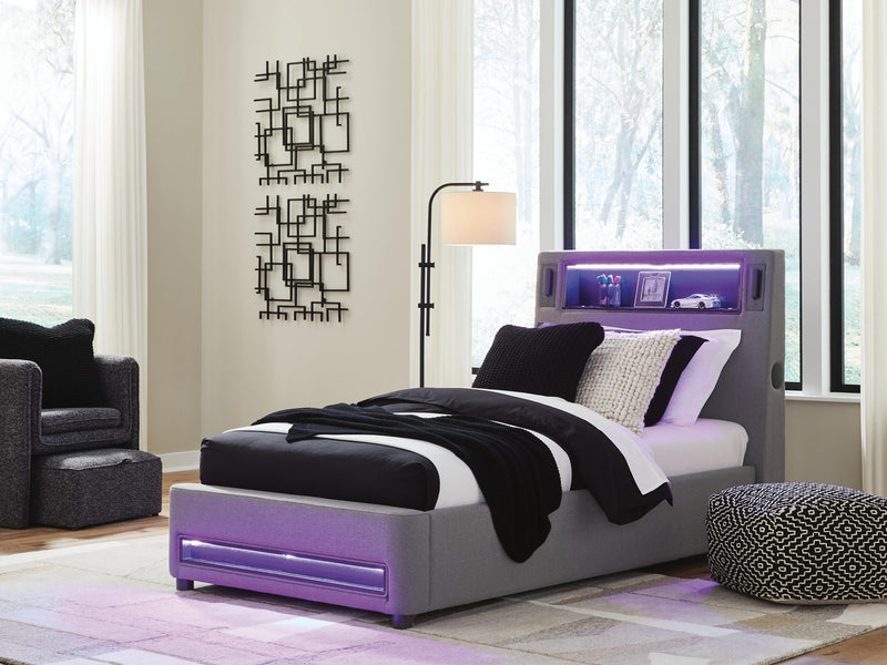 Finigale Gray Twin Upholstered Bed with Wireless Audio - PCB2721B23