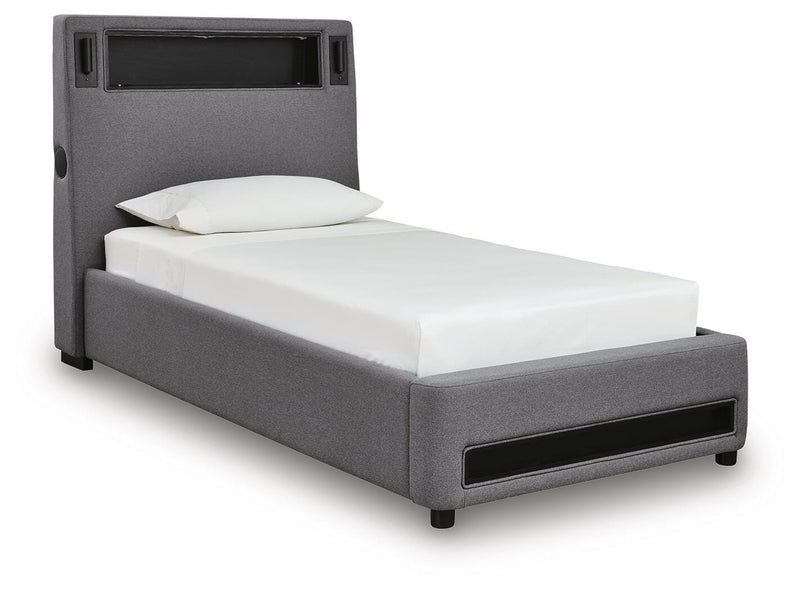Finigale Gray Twin Upholstered Bed with Wireless Audio - PCB2721B23