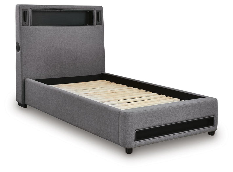 Finigale Gray Twin Upholstered Bed with Wireless Audio - PCB2721B23