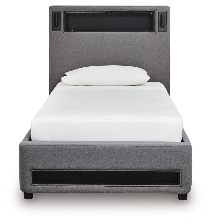 Finigale Gray Twin Upholstered Bed with Wireless Audio - PCB2721B23