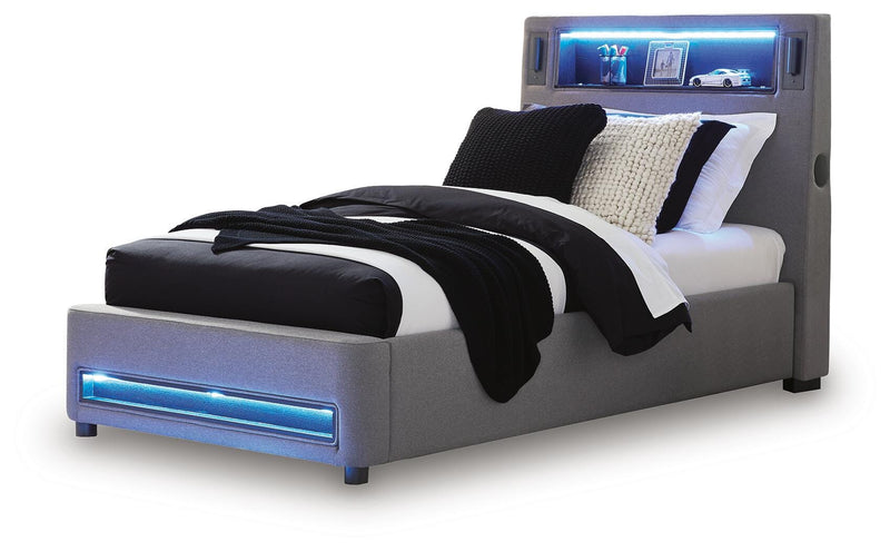 Finigale Gray Twin Upholstered Bed with Wireless Audio - PCB2721B23