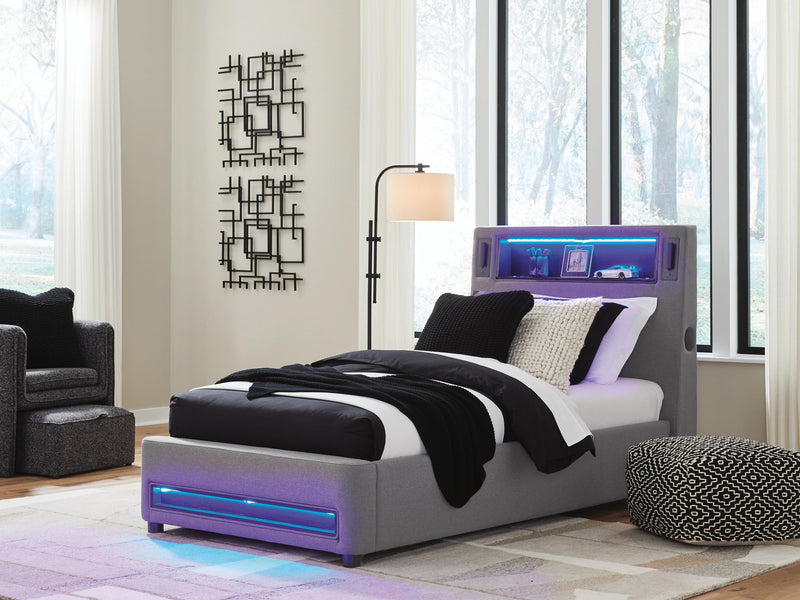 Finigale Gray Twin Upholstered Bed with Wireless Audio - PCB2721B23