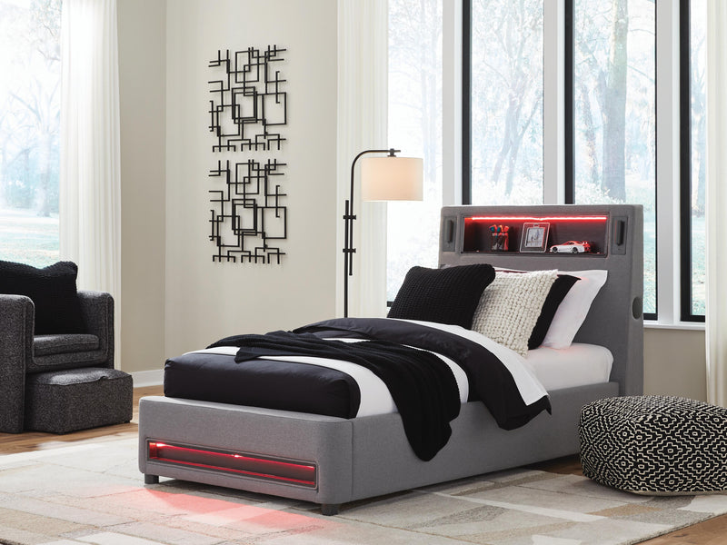 Finigale Gray Twin Upholstered Bed with Wireless Audio - PCB2721B23