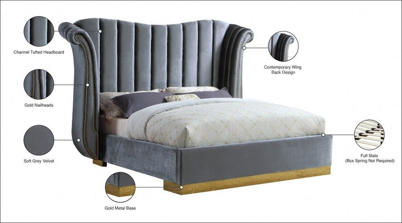 Flora Velvet King Bed (3 Boxes) Grey - Gate FurnitureKing Bed