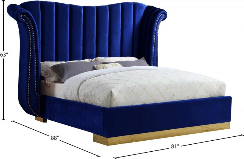 Flora Velvet Queen Bed (3 Boxes) Blue - Gate FurnitureQueen Bed
