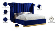 Flora Velvet Queen Bed (3 Boxes) Blue - Gate FurnitureQueen Bed