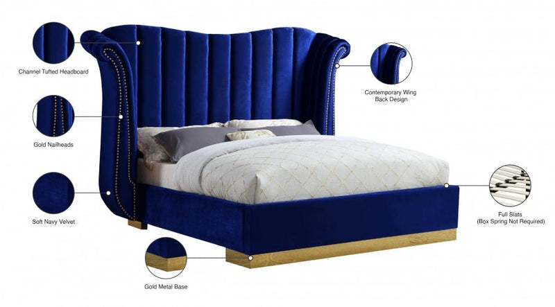 Flora Velvet Queen Bed (3 Boxes) Blue - Gate FurnitureQueen Bed