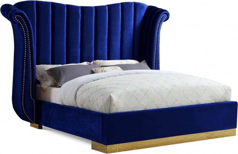 Flora Velvet Queen Bed (3 Boxes) Blue - Gate FurnitureQueen Bed