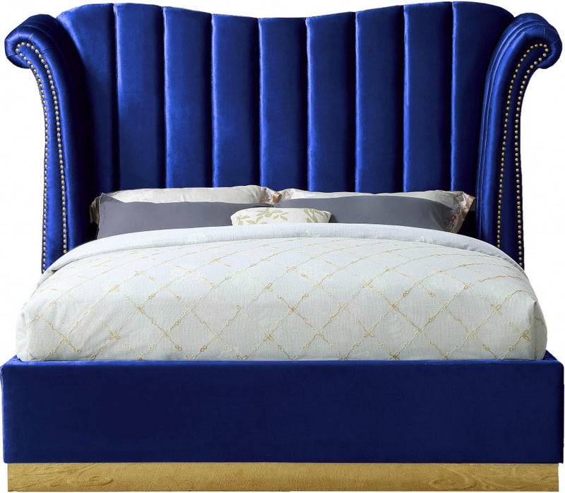 Flora Velvet Queen Bed (3 Boxes) Blue - Gate FurnitureQueen Bed