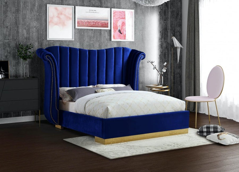 Flora Velvet Queen Bed (3 Boxes) Blue - Gate FurnitureQueen Bed