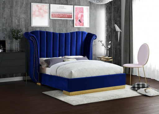 Flora Velvet Queen Bed (3 Boxes) Blue - Gate FurnitureQueen Bed