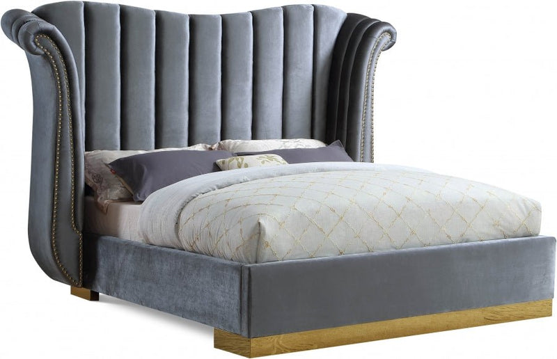Flora Velvet Queen Bed (3 Boxes) Grey - Gate FurnitureQueen Bed