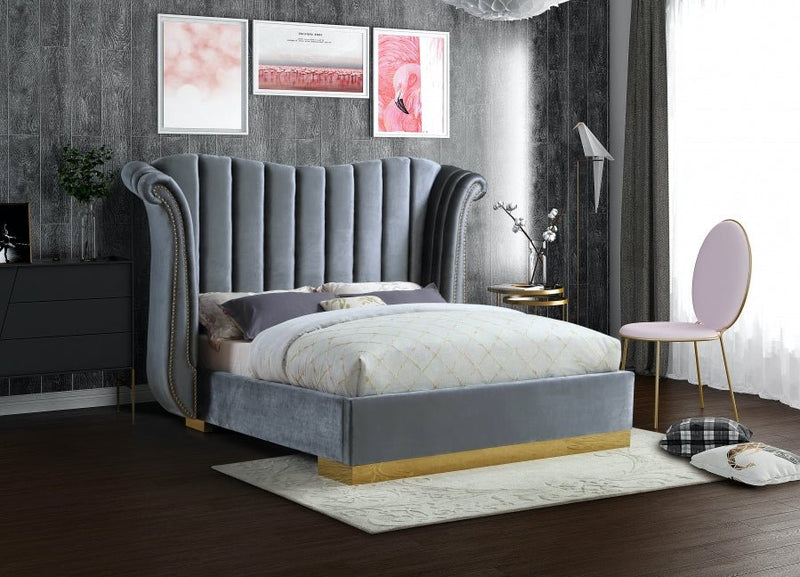Flora Velvet Queen Bed (3 Boxes) Grey - Gate FurnitureQueen Bed