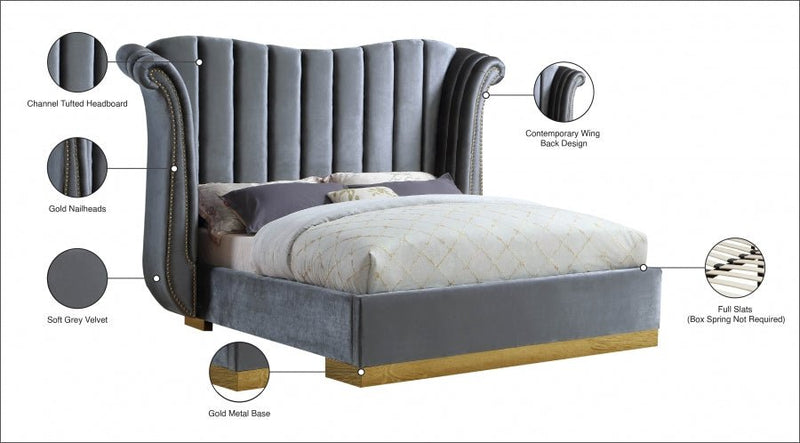 Flora Velvet Queen Bed (3 Boxes) Grey - Gate FurnitureQueen Bed