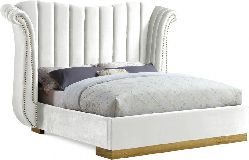 Flora Velvet Queen Bed (3 Boxes) White - Gate FurnitureQueen Bed